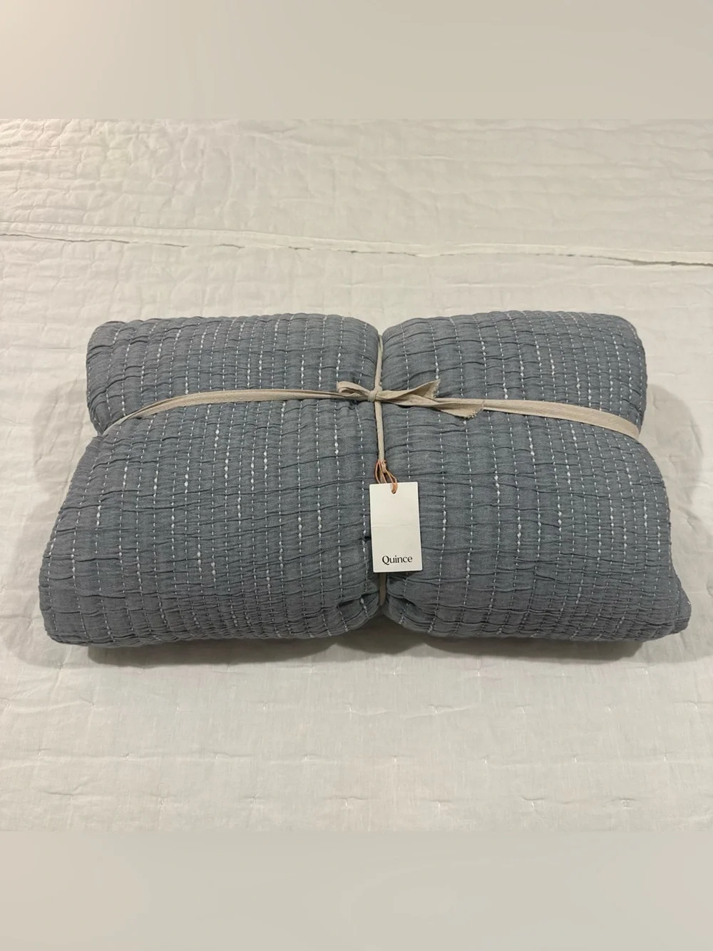 New Quince Organic Cotton Channel Stitch Coverlet Set King/Calking $174 Blue